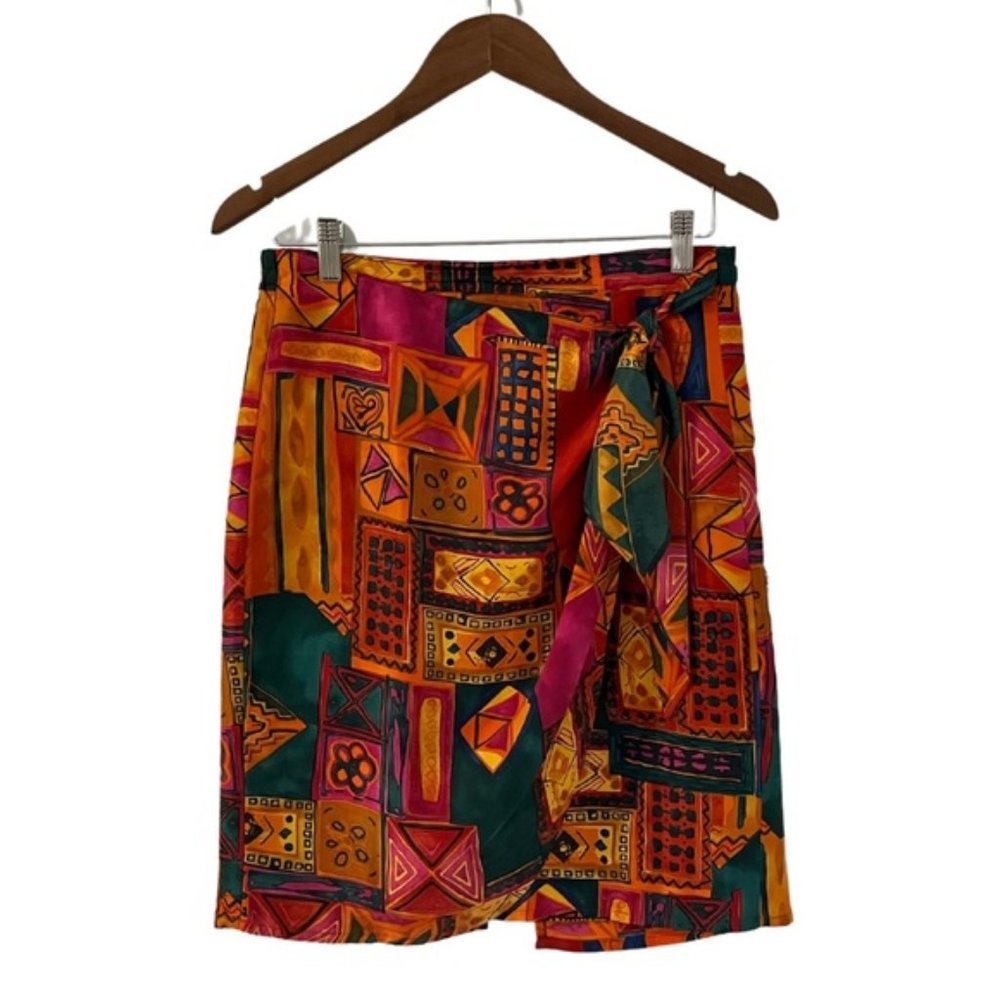 SOLD 100% Silk Faux Wrap Skirt 90’s Vintage Abstract Print Orange Red Mini Small